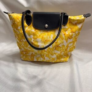 Longchamp LePliage Yellow Floral Shoulder Bag with Leather Trim, Sz. Med.